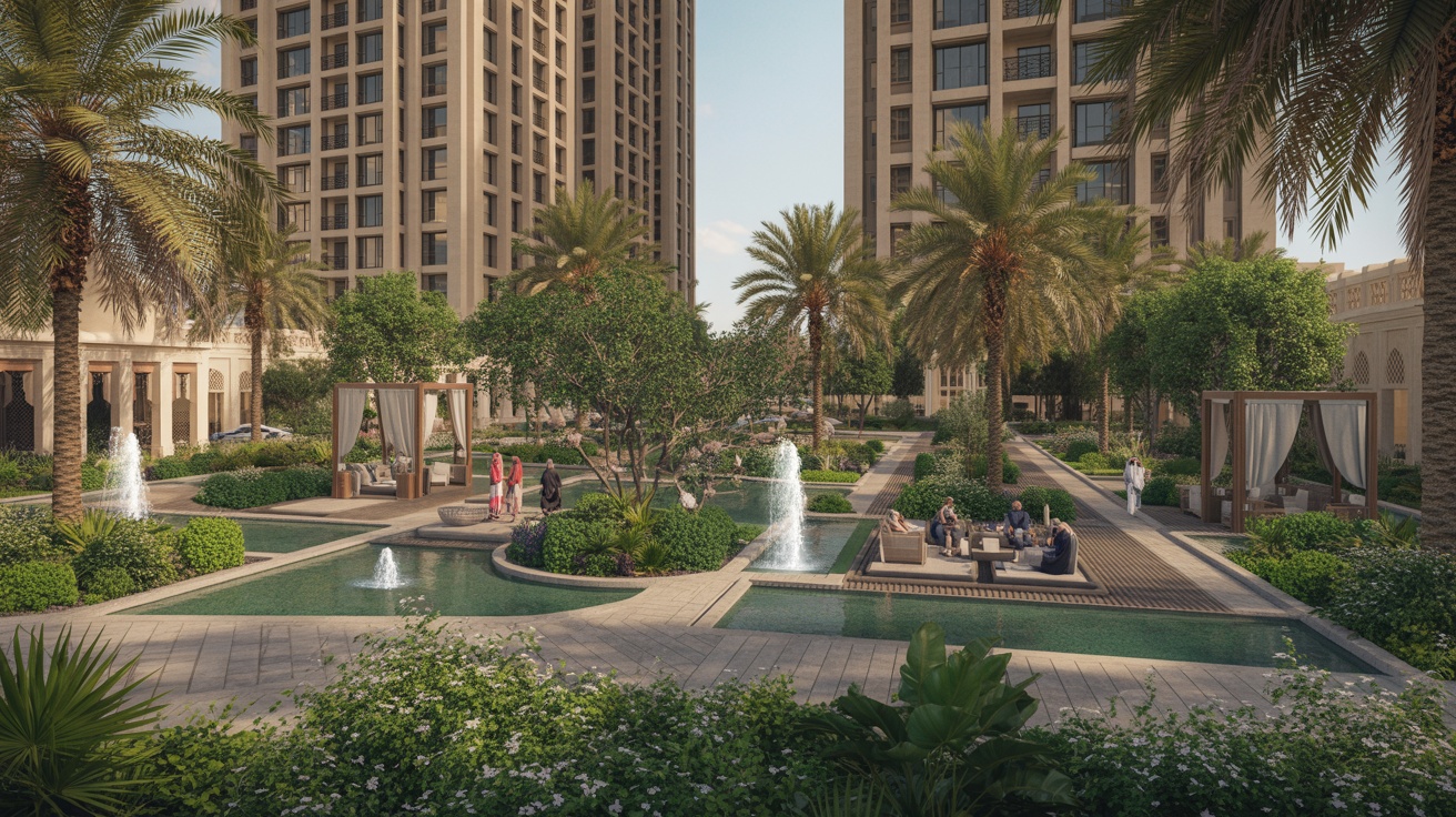 Landscaped courtyard garden with palm trees and water features