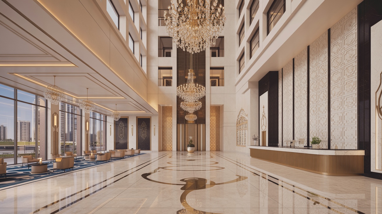 Luxury lobby with marble floors and crystal chandeliers