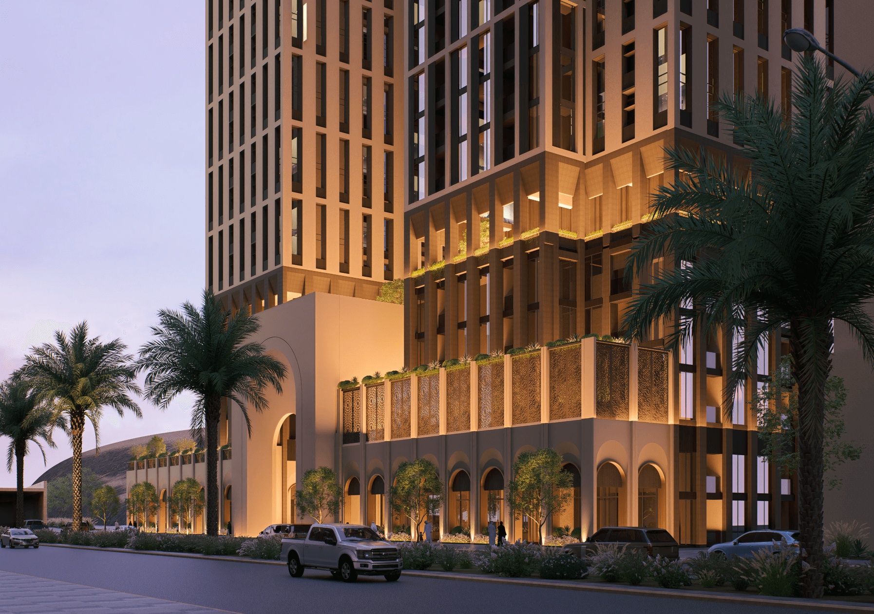 Street-level entrance and plaza of Masar Corner