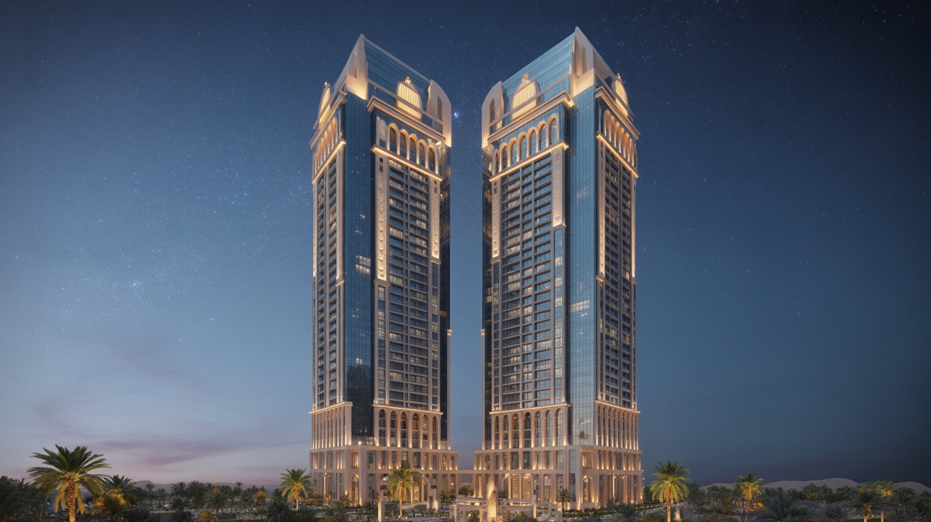 Masar Corner twin towers illuminated at night